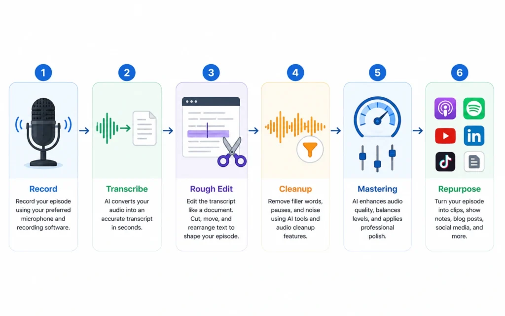 6-step AI podcast editing workflow: record, transcribe, rough edit, cleanup, mastering, repurpose