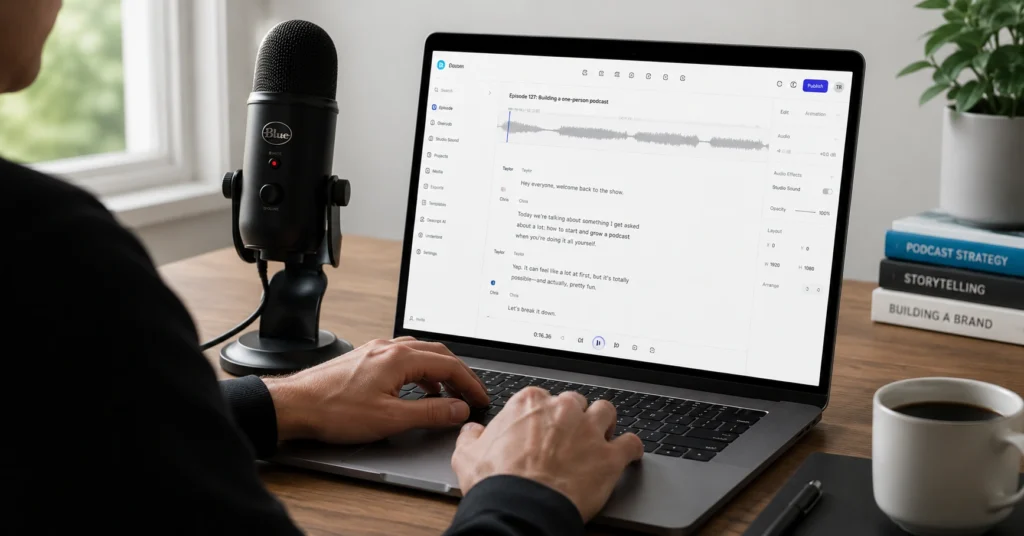 Podcaster editing audio on laptop using Descript AI transcription interface with microphone on desk