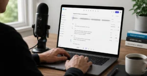 Podcaster editing audio on laptop using Descript AI transcription interface with microphone on desk
