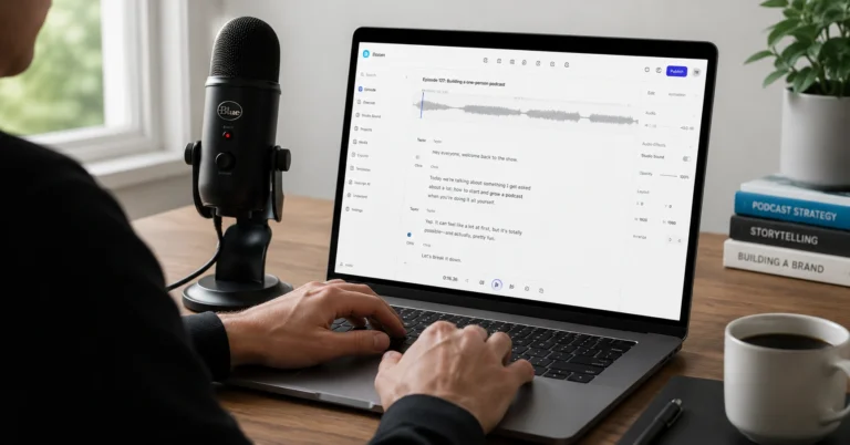 Podcaster editing audio on laptop using Descript AI transcription interface with microphone on desk