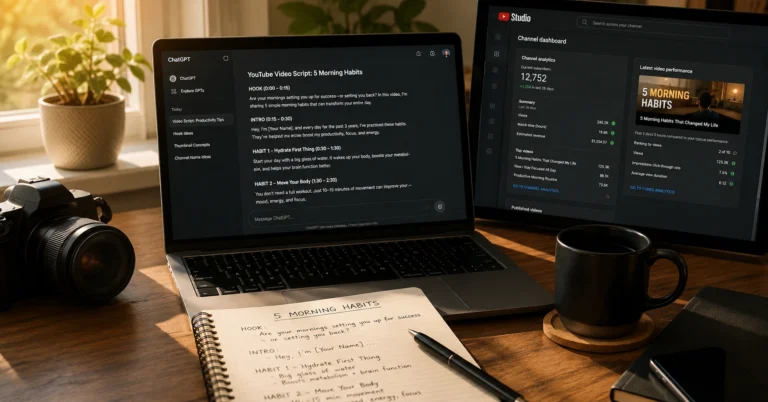Creator using AI tools for YouTube workflow on laptop with script notes