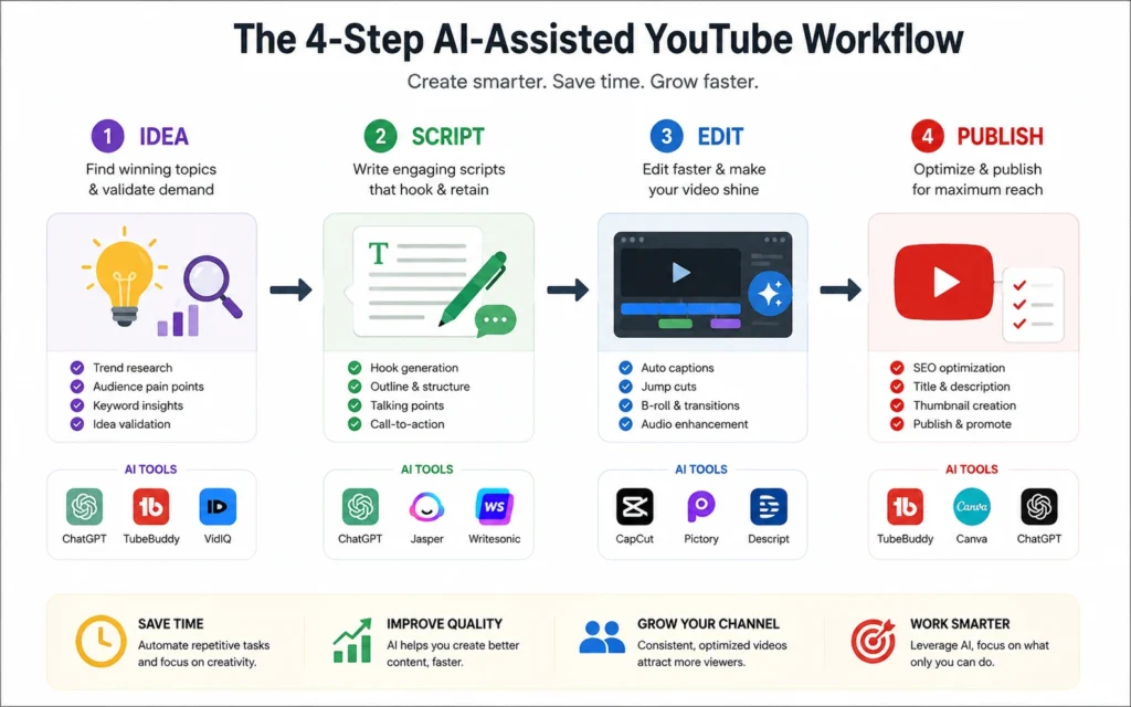 Four-step AI workflow diagram for YouTube content creation
