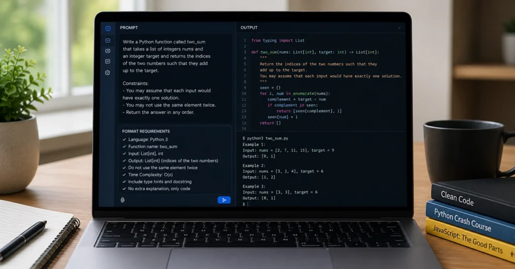 Laptop displaying a structured coding prompt alongside a terminal showing generated script output