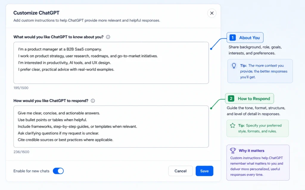 ChatGPT Custom Instructions form with example entries for role and response preferences
