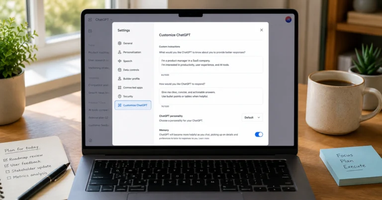 ChatGPT settings menu showing Custom Instructions toggle on a laptop screen