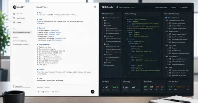 Technical workspace view demonstrating an engineered prompt loop feeding raw internal data into a structural search analysis engine