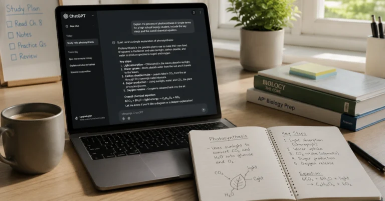 Student using ChatGPT on laptop with study notes on desk