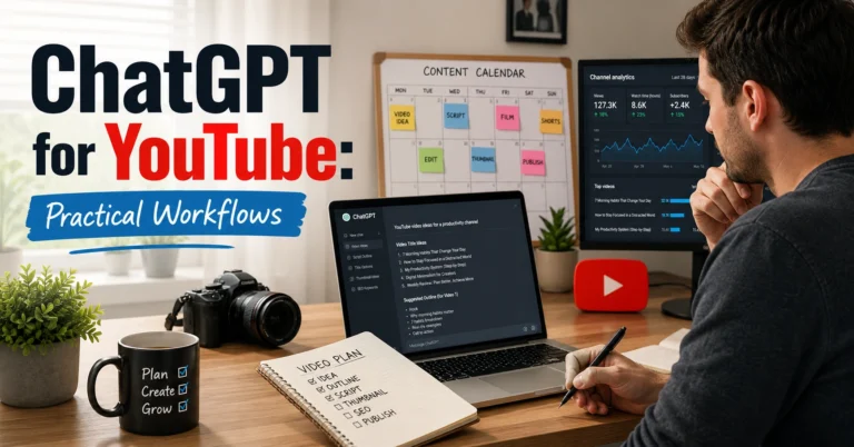 Creator using ChatGPT to plan YouTube content, scripts, and video ideas.