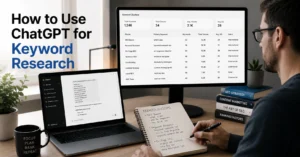 SEO professional using ChatGPT to organize keyword research and content clusters