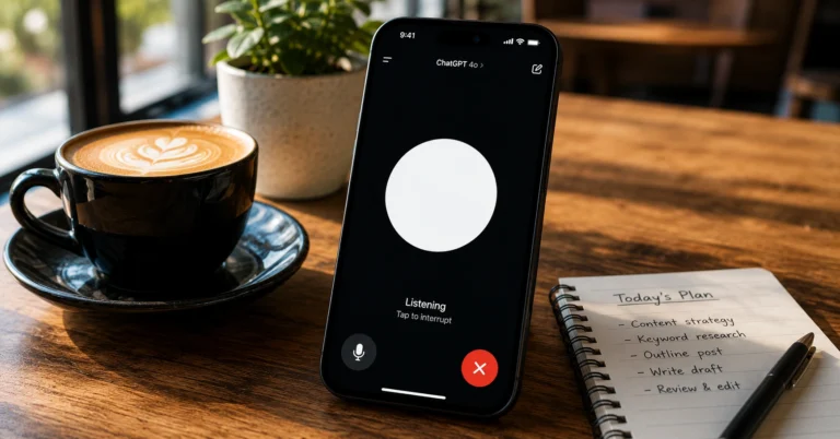 A smartphone on a desk showing the ChatGPT Voice Mode active listening screen.