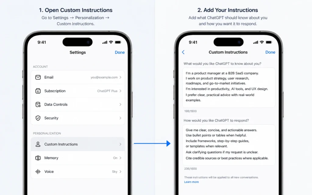 Setting up Custom Instructions in the ChatGPT mobile app settings menu.