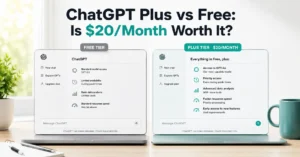 Split-screen comparison of ChatGPT Free and Plus interfaces showing feature differences