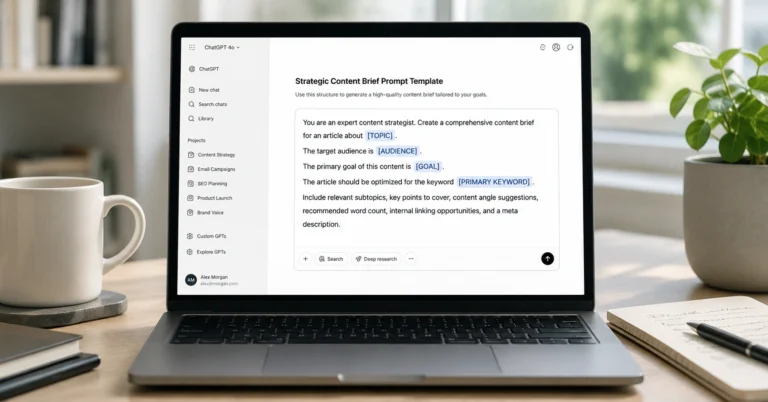Laptop screen showing a structured ChatGPT prompt template with clear placeholders and formatting