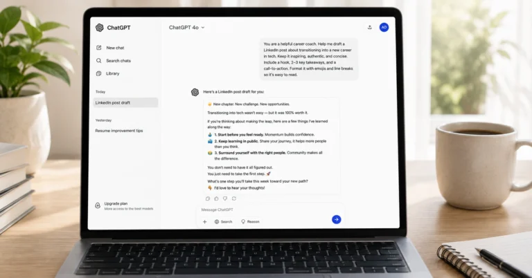 Beginner typing a structured ChatGPT prompt with clear role, task, and output format