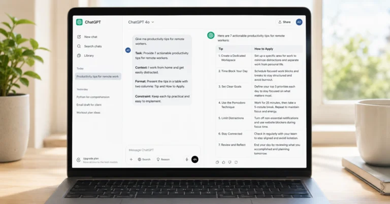 ChatGPT chat window showing a well-structured prompt and clear output on a laptop screen