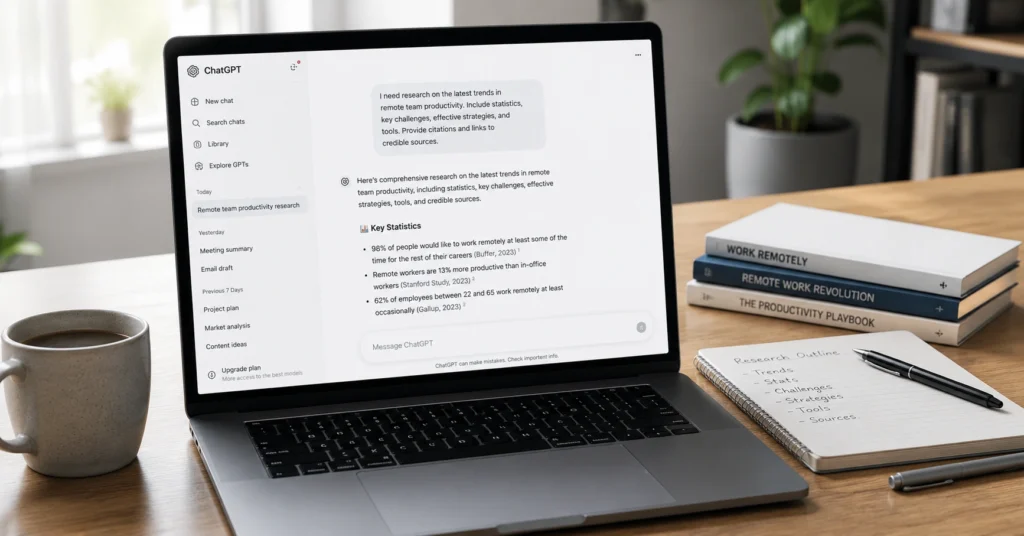 Laptop showing ChatGPT research query with notebook on desk
