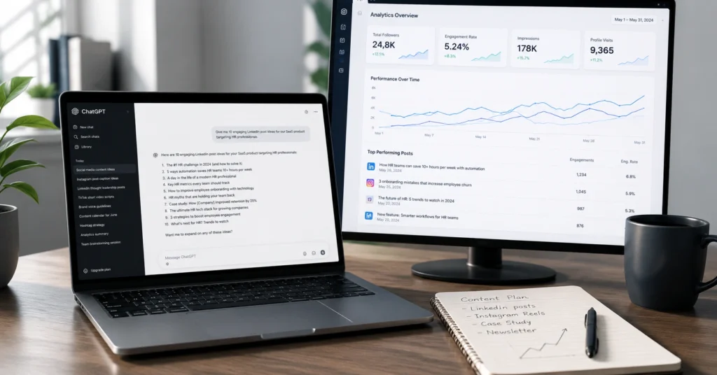 Laptop displaying ChatGPT prompt for social media post with analytics dashboard in background