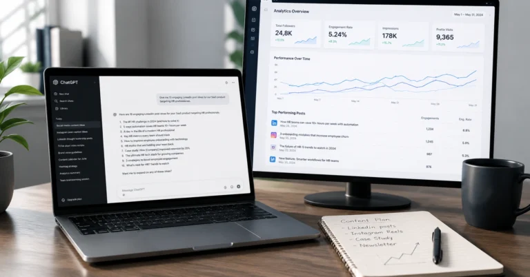 Laptop displaying ChatGPT prompt for social media post with analytics dashboard in background