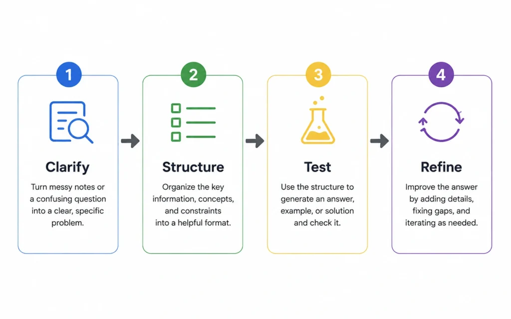 Four-step study workflow using ChatGPT: clarify, structure, test, refine