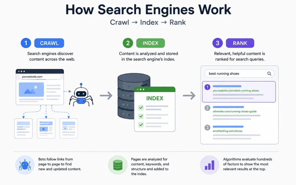 Diagram showing how search engines crawl, index, and rank web pages