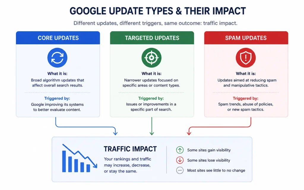 Diagram of Google algorithm update types and their traffic impact