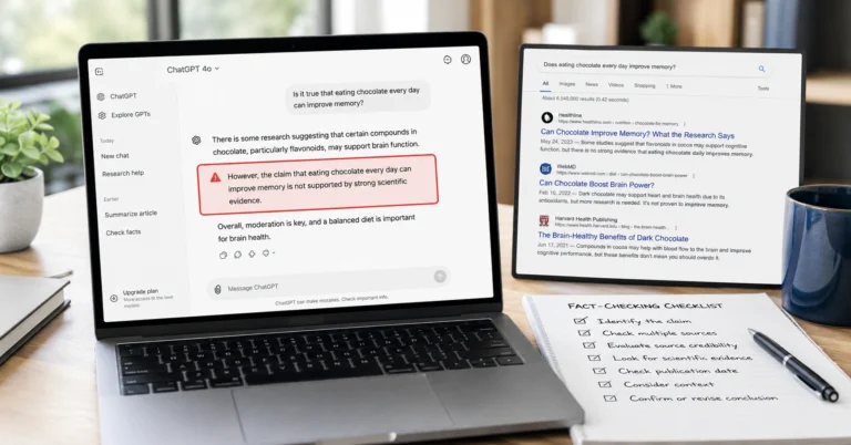 Person fact-checking ChatGPT output with browser and checklist
