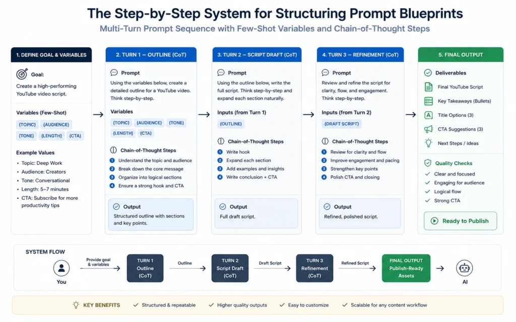 A visual systems diagram comparing unstructured prompting errors against a predictable framework containing background context, production rules, dynamic constraints, and target output structure