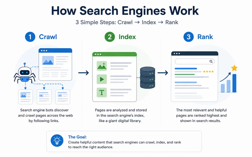 Three-stage Google search process: crawling, indexing, ranking