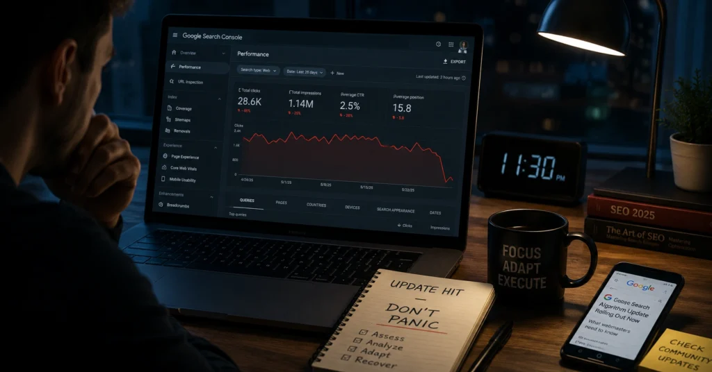 Laptop showing traffic drop after a google algorithm update with Search Console graph