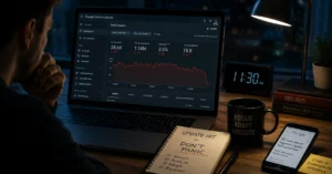 Laptop showing traffic drop after a google algorithm update with Search Console graph