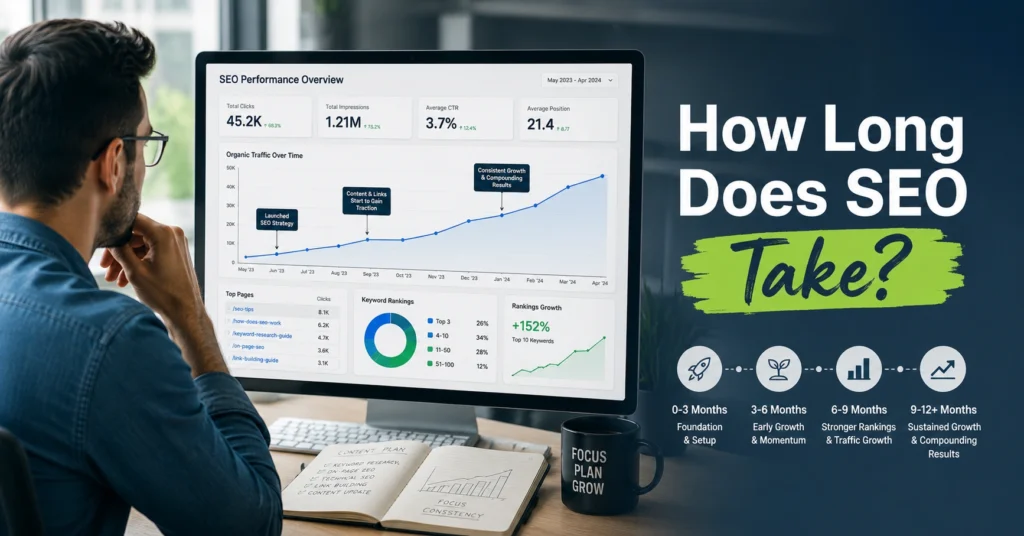 SEO performance timeline showing ranking growth over several months