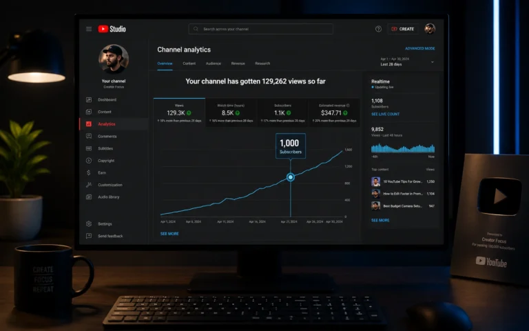 YouTube Studio dashboard analytics screen displaying an increasing subscriber growth curve passing the 1,000 subscribers mark on a desktop monitor in a modern studio setup