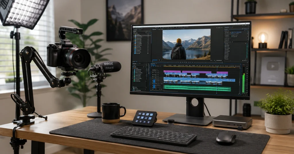 A structural YouTube video production setup featuring a mirrorless camera, desk-mounted microphone, and a video editing monitor showing a multi-track timeline project.