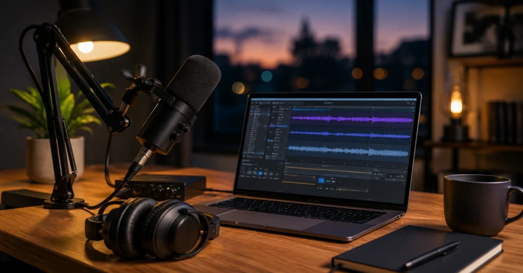 Home podcast recording setup with USB microphone, headphones, and laptop showing audio editing software