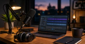 Home podcast recording setup with USB microphone, headphones, and laptop showing audio editing software