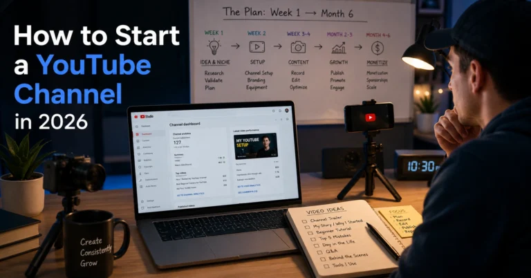 Beginner creator planning a YouTube channel workflow with YouTube Studio open on a laptop