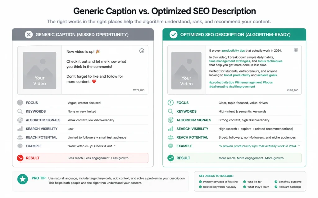 Wireframe layout comparing unstructured text formatting against an optimized layout built for search engine context indexing