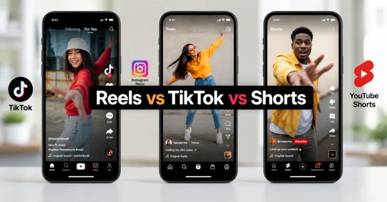 Comparison of Instagram Reels, TikTok, and YouTube Shorts interfaces on three phone screens