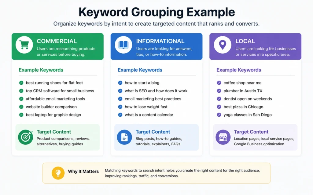 Keyword clustering example for SEO content planning
