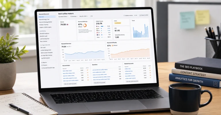 A clean workspace desktop showing an open laptop displaying professional keyword search volume analytics data graphs.