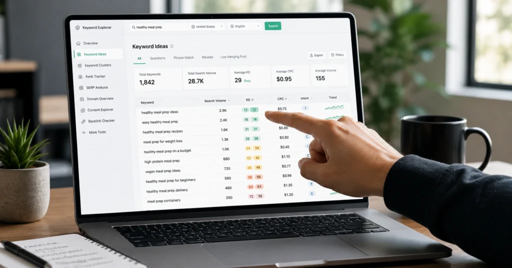 Keyword research tool showing low competition keywords with green difficulty scores