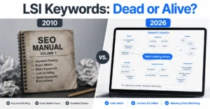 Comparison showing outdated LSI keyword concept versus modern semantic SEO approach