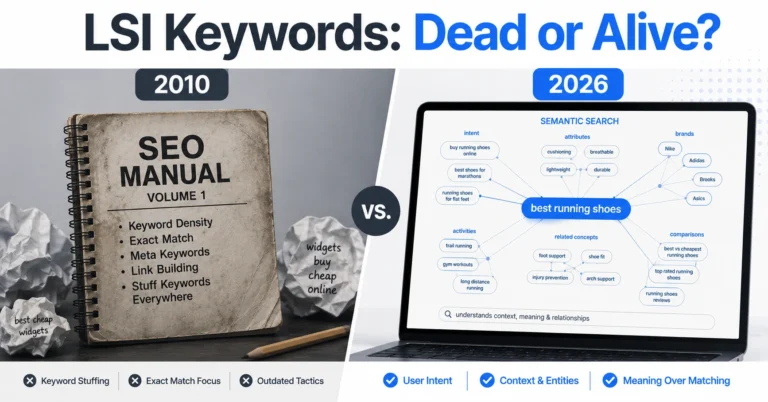Comparison showing outdated LSI keyword concept versus modern semantic SEO approach