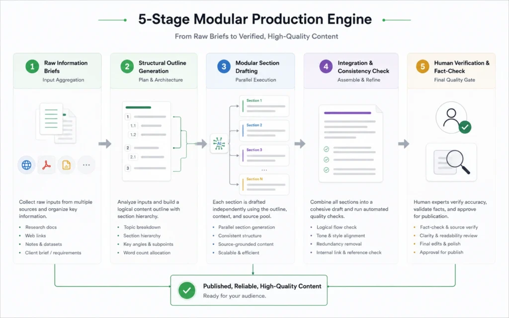 Block diagram showing the modular, step-by-step pipeline for generating long-form articles without token collapse