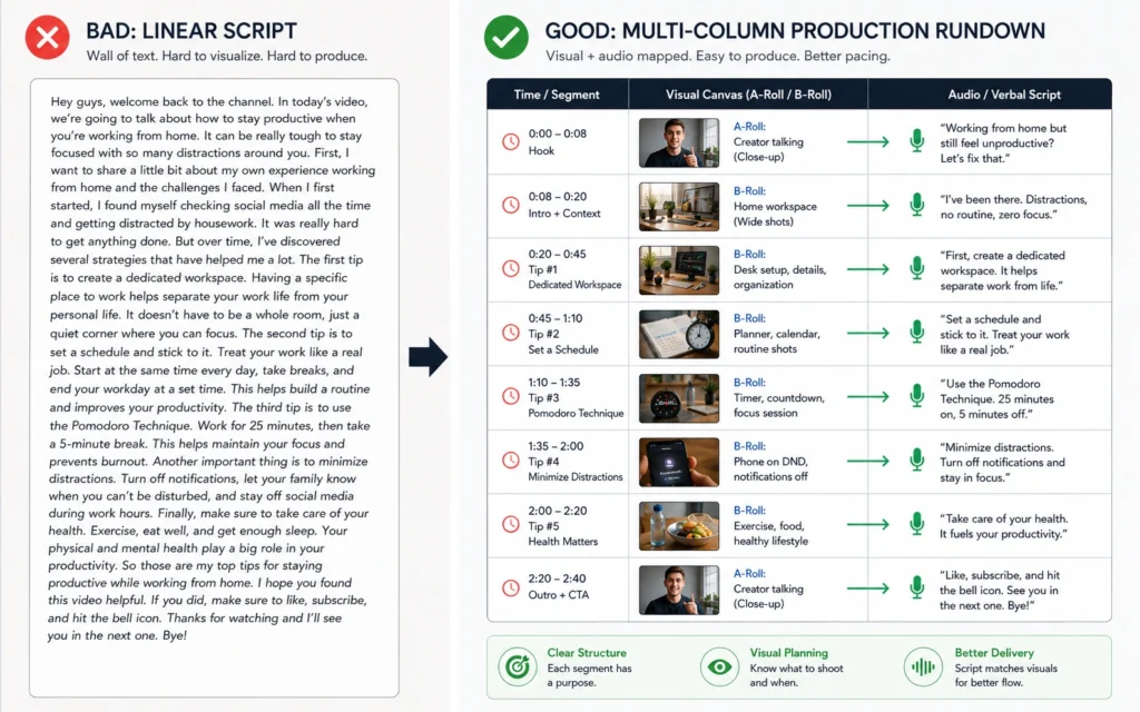 A comparative breakdown diagram displaying the structural difference between an essay-style script and a high-retention multi-column video production rundown format.