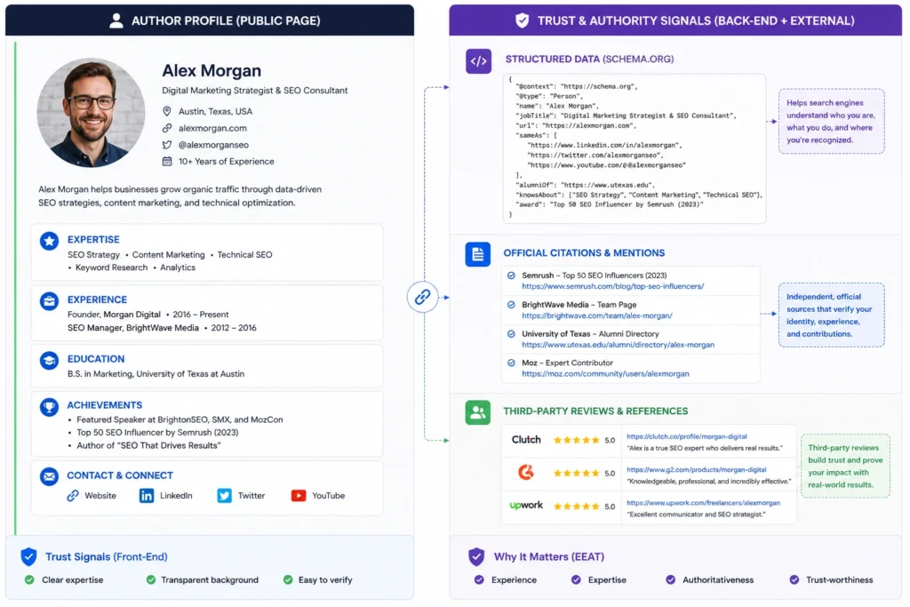 Technical breakdown of an optimized creator profile designed to communicate clear information quality signals