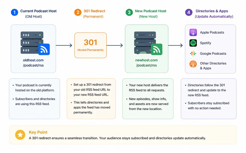 Podcast hosting migration workflow showing RSS feed redirect process
