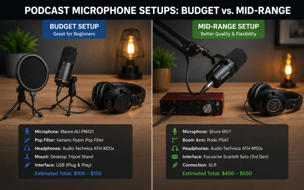 Budget Samson Q2U microphone setup next to mid-range Shure MV7 podcast setup