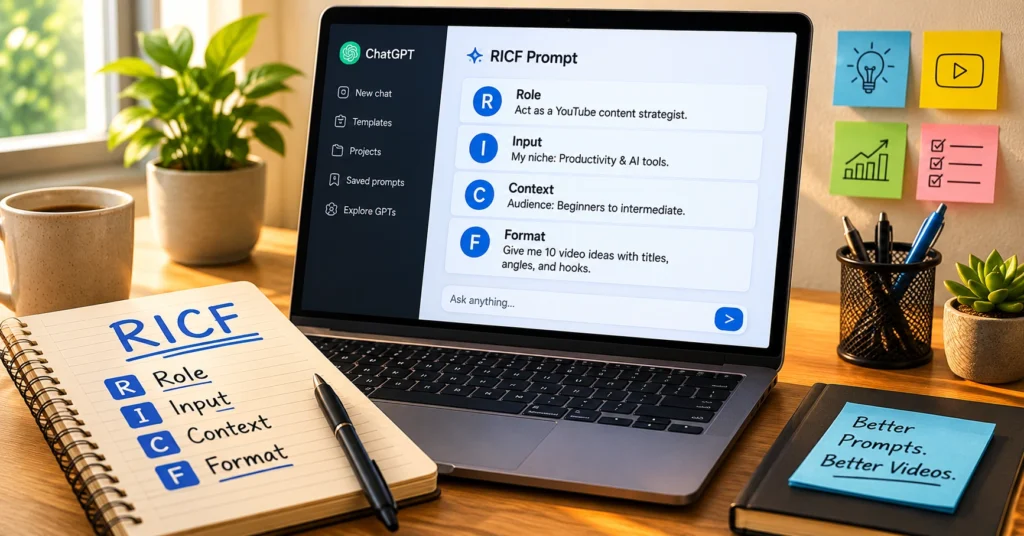 A beginner's desk setup showing the RICF prompt framework written in a notebook next to a laptop displaying a clear AI prompt