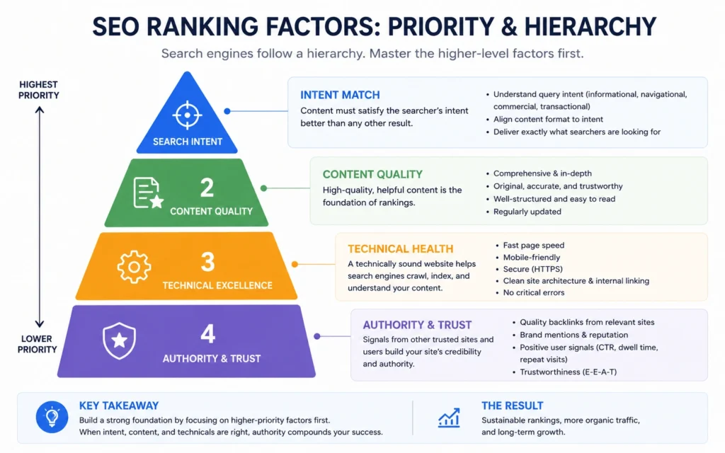 SEO ranking factors hierarchy pyramid showing intent at top, followed by content quality, technical SEO, and backlinks